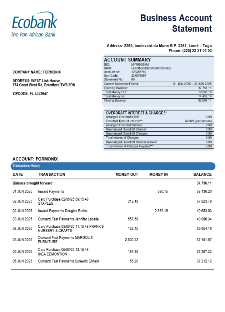 Relevé de compte de l'organisation bancaire d'affaires Ecobank d'Afrique Centrale Format Word et PDF